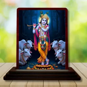 Car Desk/Table Top Lord Krishna Wooden Photo Stand  3x4 Inches, Compact & Stylish Spiritual Display For Car, Home & Office (Pack Of 1) (F14602)