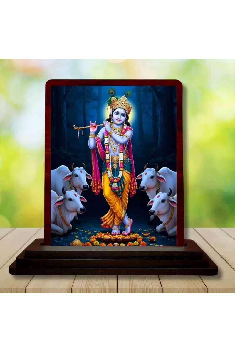 Car Desk/Table Top Lord Krishna Wooden Photo Stand  3x4 Inches, Compact & Stylish Spiritual Display For Car, Home & Office (Pack Of 1) (F14602)