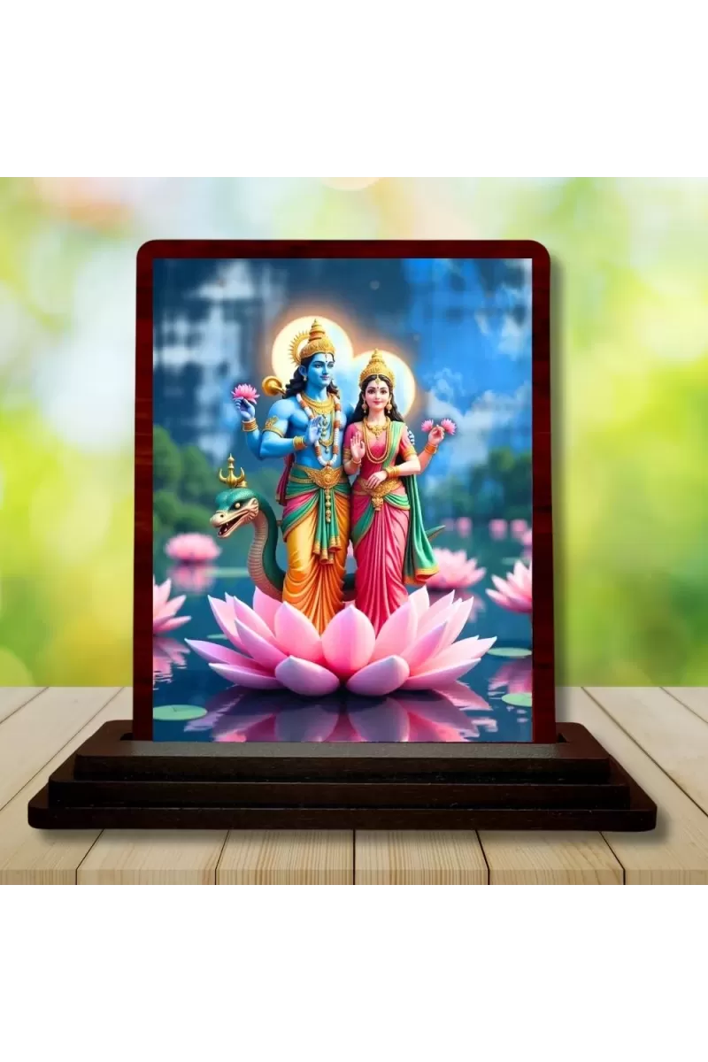 Car Desk/Table Top Lord Vishnu  And Lakshmi Wooden Photo Stand  3x4 Inches, Compact & Stylish Spiritual Display For Car, Home & Office (Pack Of 1) (F14603)