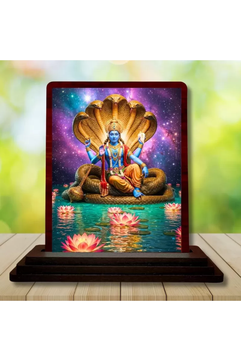 Car Desk/Table Top Lord Vishnu  Wooden Photo Stand  3x4 Inches, Compact & Stylish Spiritual Display For Car, Home & Office (Pack Of 1) (F14604)