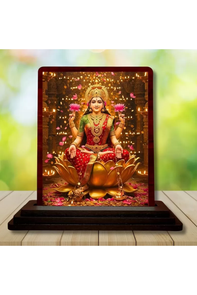 Car Desk/Table Top Goddess Lakshmi Wooden Photo Stand  3x4 Inches, Compact & Stylish Spiritual Display For Car, Home & Office (Pack Of 1) (F14607)