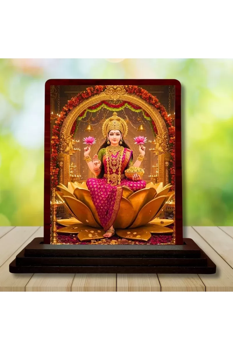 Car Desk/Table Top Goddess Lakshmi Wooden Photo Stand  3x4 Inches, Compact & Stylish Spiritual Display For Car, Home & Office (Pack Of 1) (F14609)