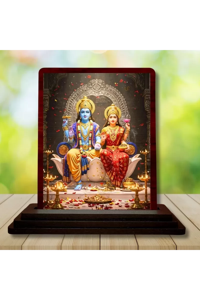 Car Desk/Table Top Lord Vishnu And Lakshmi Wooden Photo Stand  3x4 Inches, Compact & Stylish Spiritual Display For Car, Home & Office (Pack Of 1) (F14610)