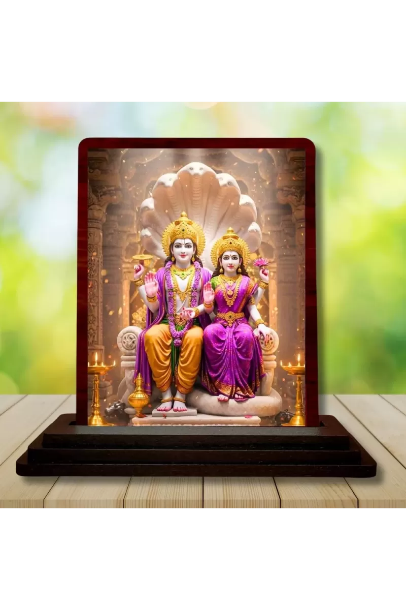 Car Desk/Table Top Lord Vishnu And Lakshmi Wooden Photo Stand  3x4 Inches, Compact & Stylish Spiritual Display For Car, Home & Office (Pack Of 1) (F14611)