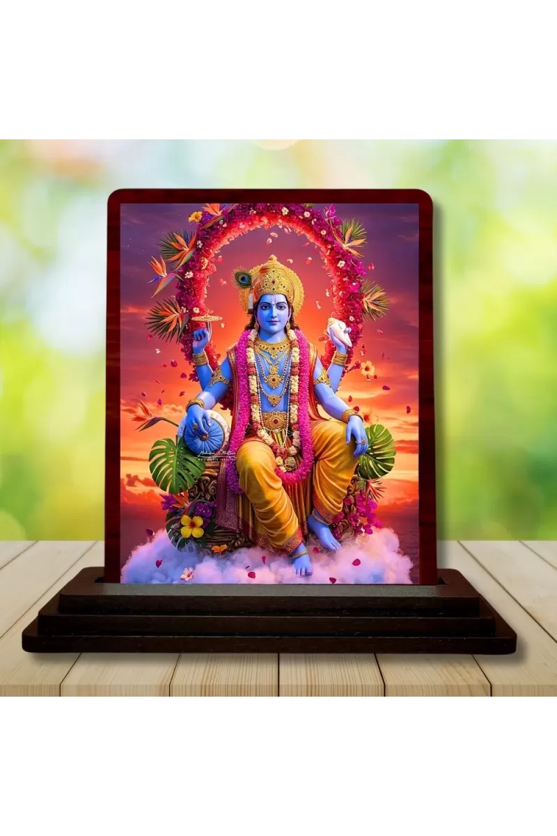 Car Desk/Table Top Lord Vishnu Wooden Photo Stand  3x4 Inches, Compact & Stylish Spiritual Display For Car, Home & Office (Pack Of 1) (F14612)