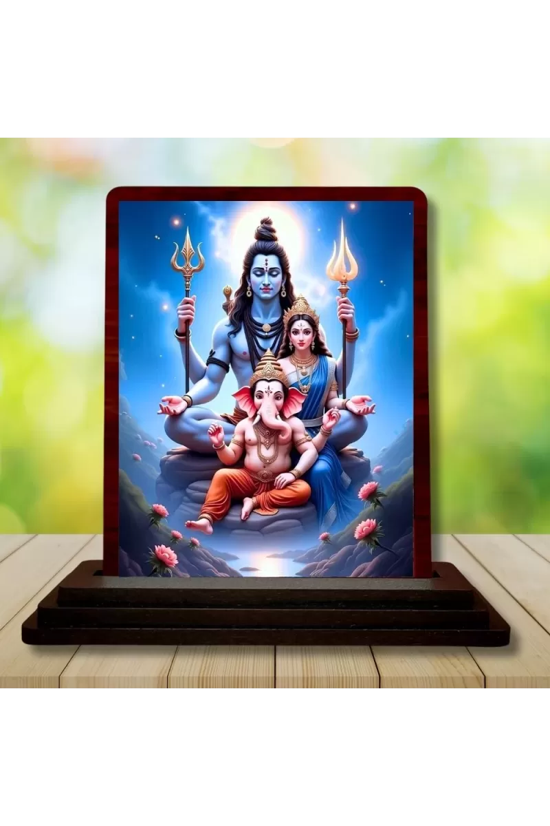 Car Desk/Table Top Lord Shiva And Parvathi And Ganesha Wooden Photo Stand  3x4 Inches, Compact & Stylish Spiritual Display For Car, Home & Office (Pack Of 1) (F14614)