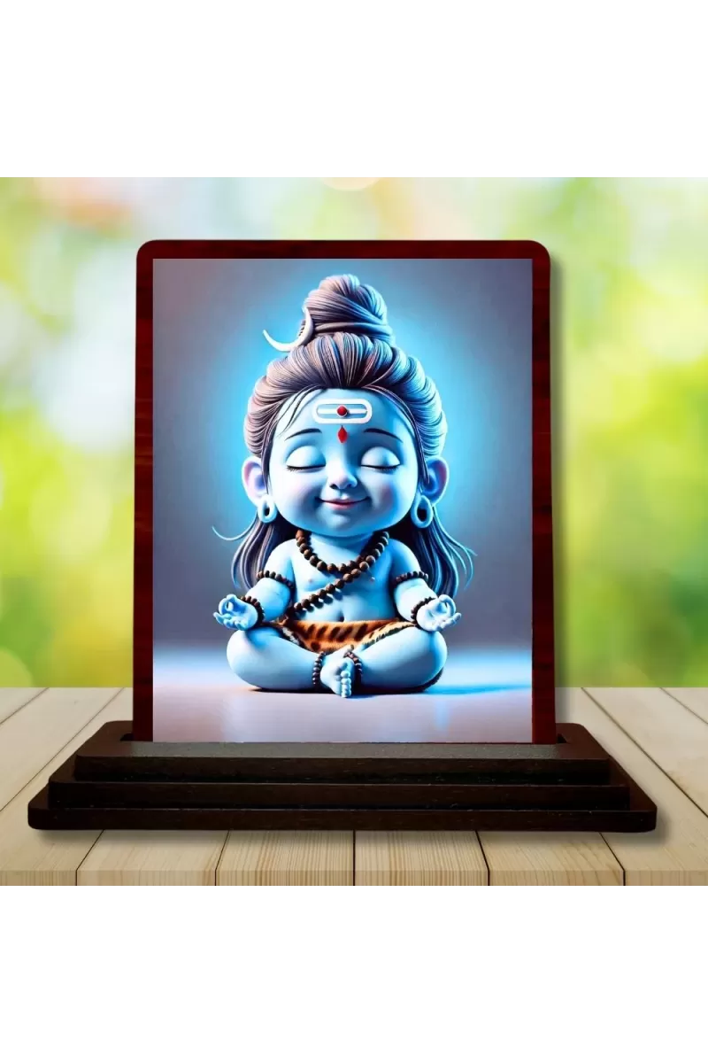 Car Desk/Table Top Lord Shiva Wooden Photo Stand  3x4 Inches, Compact & Stylish Spiritual Display For Car, Home & Office (Pack Of 1) (F14621)