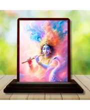 Car Desk/Table Top Lord Krishna Wooden Photo Stand  3x4 Inches, Compact & Stylish Spiritual Display For Car, Home & Office (Pack Of 1) (F14625)