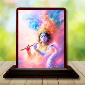 Car Desk/Table Top Lord Krishna Wooden Photo Stand  3x4 Inches, Compact & Stylish Spiritual Display For Car, Home & Office (Pack Of 1) (F14625)