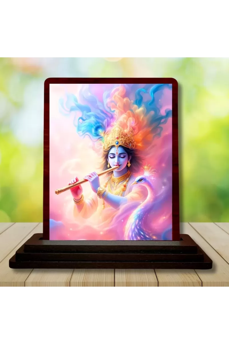 Car Desk/Table Top Lord Krishna Wooden Photo Stand  3x4 Inches, Compact & Stylish Spiritual Display For Car, Home & Office (Pack Of 1) (F14625)