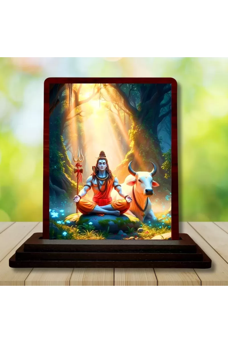 Car Desk/Table Top Lord Shiva Wooden Photo Stand  3x4 Inches, Compact & Stylish Spiritual Display For Car, Home & Office (Pack Of 1) (F14626)