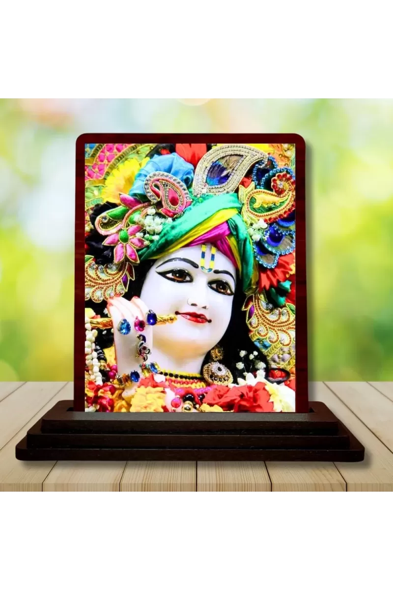 Car Desk/Table Top Loird Krishna Wooden Photo Stand  3x4 Inches, Compact & Stylish Spiritual Display For Car, Home & Office (Pack Of 1) (F14632)