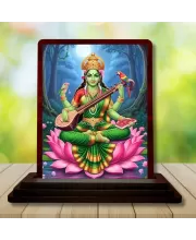 Car Desk/Table Top Goddess Saraswathi Wooden Photo Stand  3x4 Inches, Compact & Stylish Spiritual Display For Car, Home & Office (Pack Of 1) (F14647)