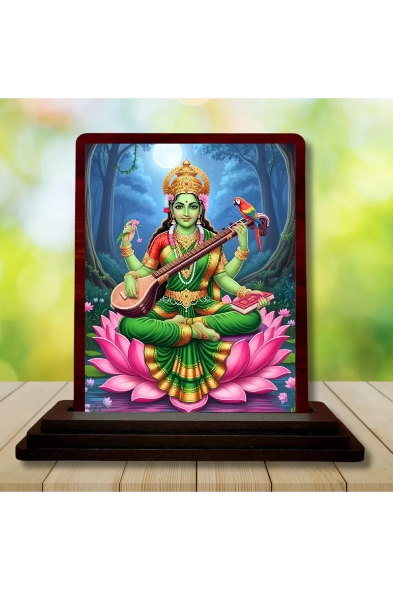 Car Desk/Table Top Goddess Saraswathi Wooden Photo Stand  3x4 Inches, Compact & Stylish Spiritual Display For Car, Home & Office (Pack Of 1) (F14647)