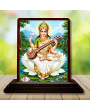 Car Desk/Table Top Goddess Saraswathi Wooden Photo Stand  3x4 Inches, Compact & Stylish Spiritual Display For Car, Home & Office (Pack Of 1) (F14648)