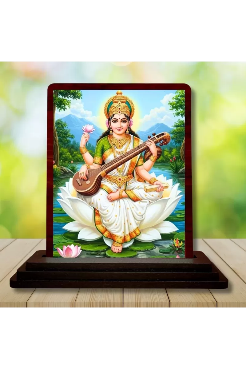 Car Desk/Table Top Goddess Saraswathi Wooden Photo Stand  3x4 Inches, Compact & Stylish Spiritual Display For Car, Home & Office (Pack Of 1) (F14648)