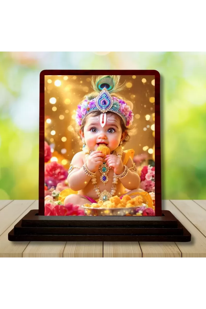 Car Desk/Table Top Bal Krishna Wooden Photo Stand  3x4 Inches, Compact & Stylish Spiritual Display For Car, Home & Office (Pack Of 1) (F14973)