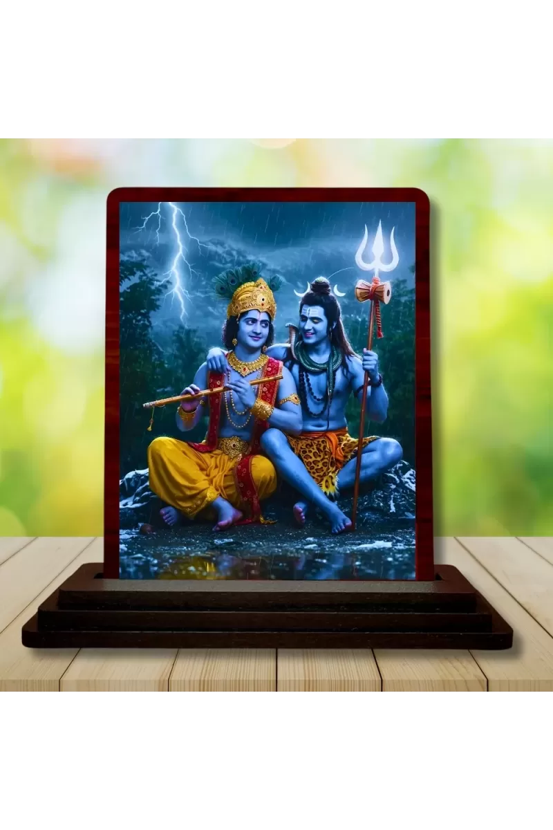 Car Desk/Table Top Lord Shankar Krishna Wooden Photo Stand  3x4 Inches, Compact & Stylish Spiritual Display For Car, Home & Office (Pack Of 1) (F15052)