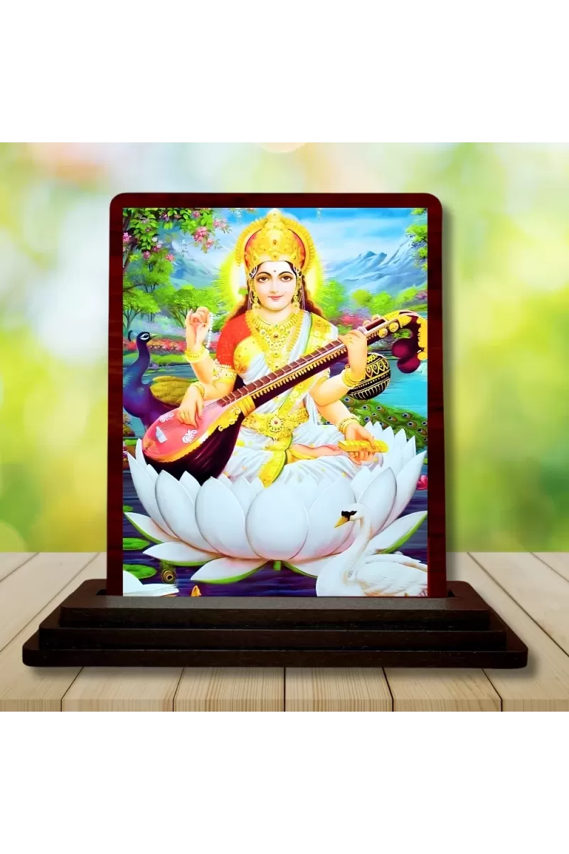 Car Desk/Table Top Maa Sarswati Wooden Photo Stand  3x4 Inches, Compact & Stylish Spiritual Display For Car, Home & Office (Pack Of 1) (F15055)