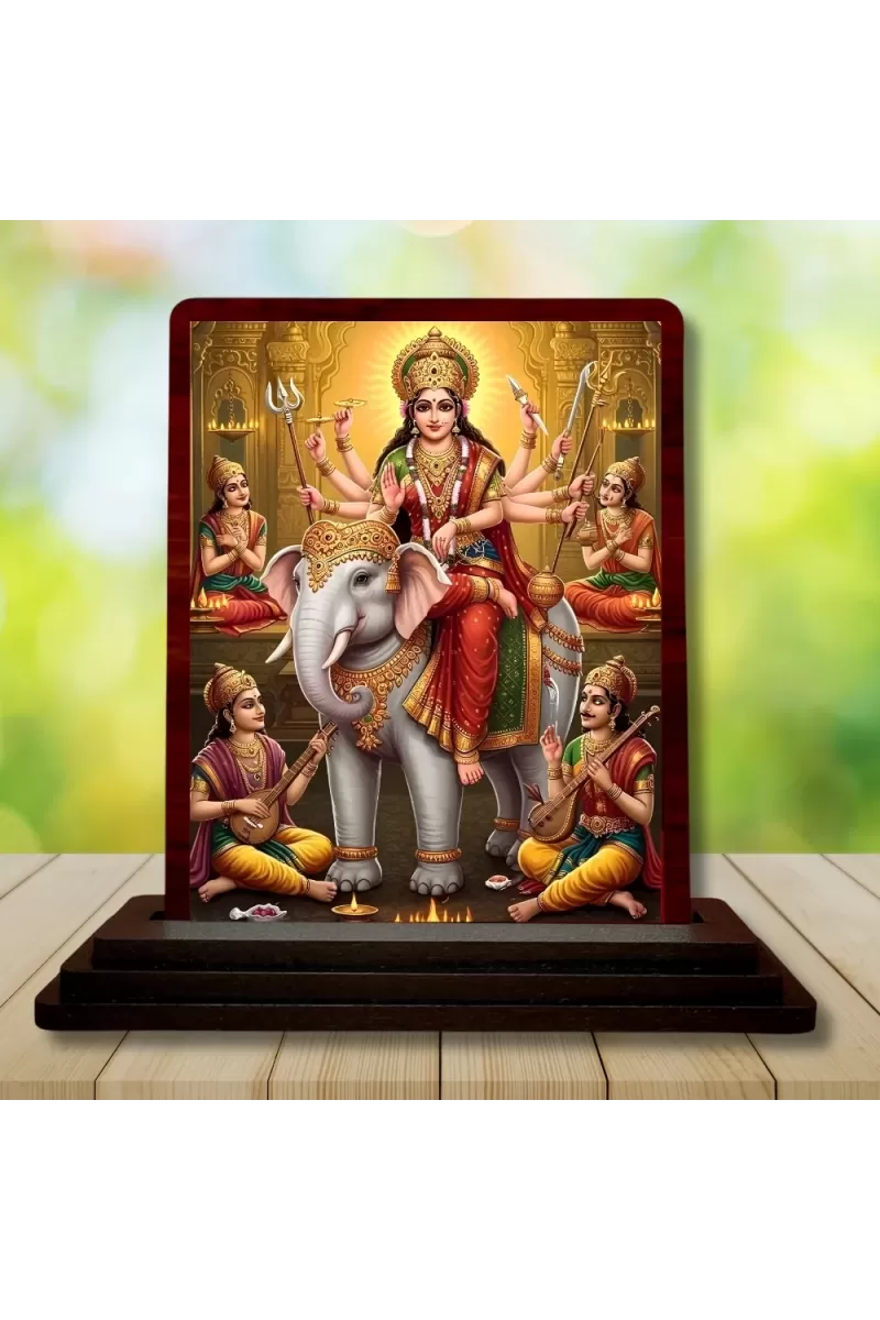 Car Desk/Table Top Maa Durga Wooden Photo Stand  3x4 Inches, Compact & Stylish Spiritual Display For Car, Home & Office (Pack Of 1) (F15060)