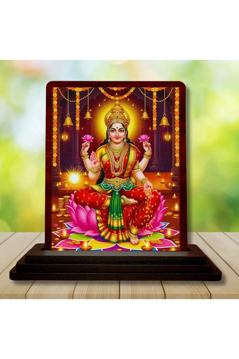 Car Desk/Table Top Maa Laxmi Wooden Photo Stand  3x4 Inches, Compact & Stylish Spiritual Display For Car, Home & Office (Pack Of 1) (F15056)