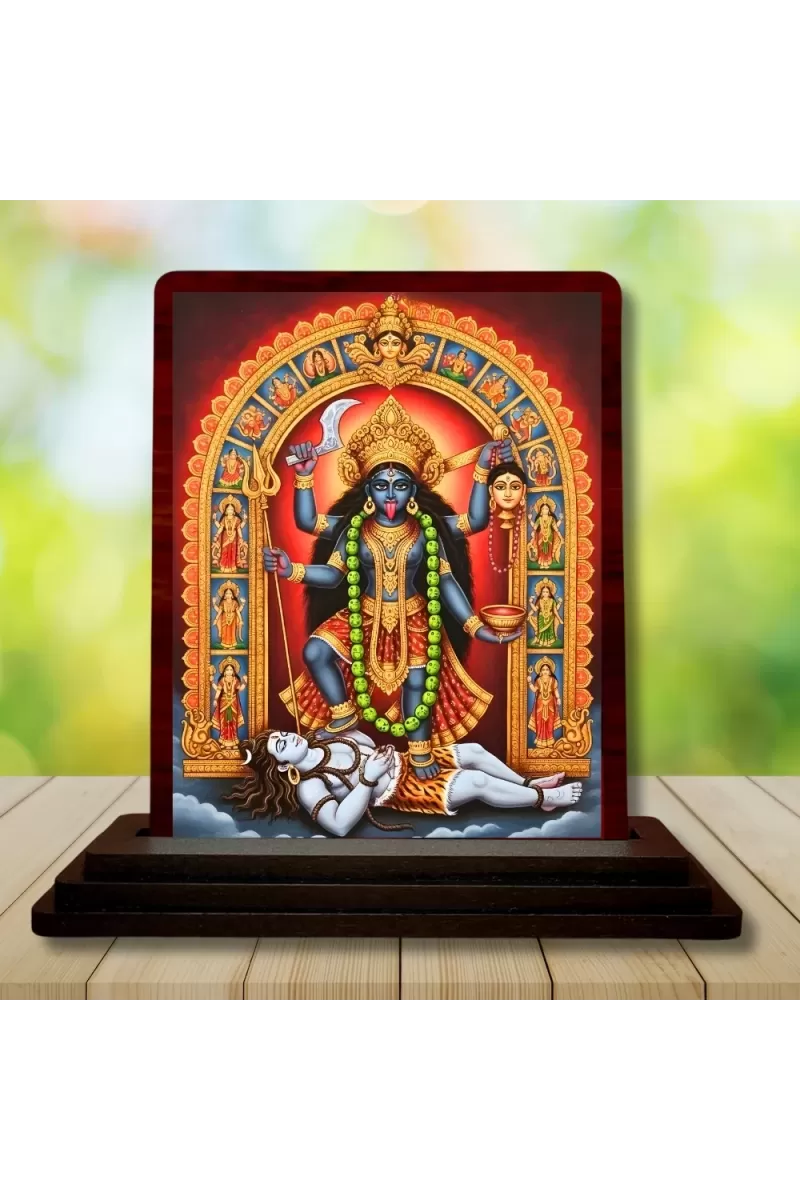 Car Desk/Table Top Maa Kali Wooden Photo Stand  3x4 Inches, Compact & Stylish Spiritual Display For Car, Home & Office (Pack Of 1) (F15058)
