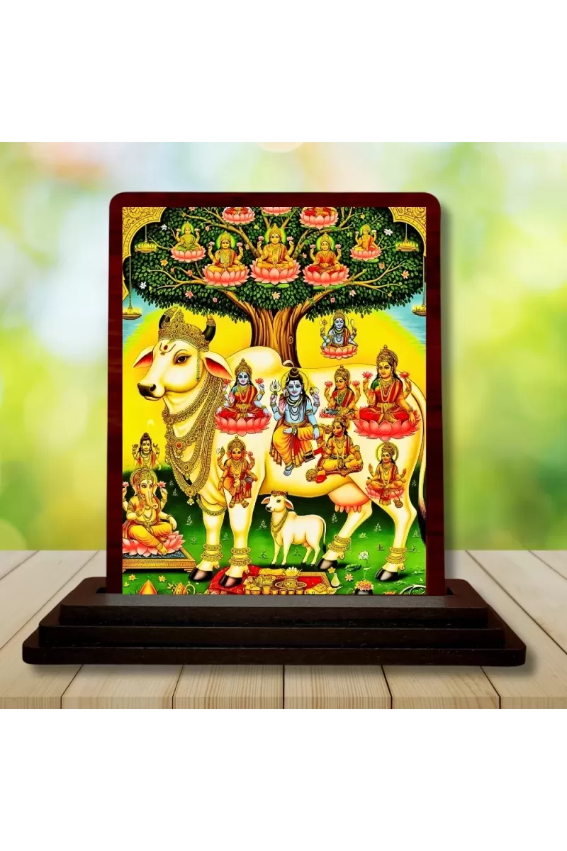 Car Desk/Table Top Gau Mata Wooden Photo Stand  3x4 Inches, Compact & Stylish Spiritual Display For Car, Home & Office (Pack Of 1) (F15059)