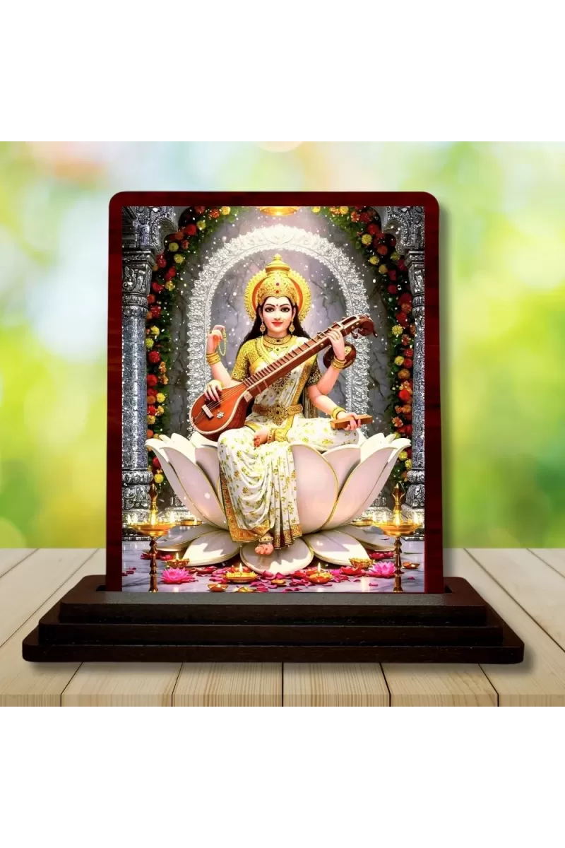 Car Desk/Table Top Maa Sarswati Wooden Photo Stand  3x4 Inches, Compact & Stylish Spiritual Display For Car, Home & Office (Pack Of 1) (F15069)
