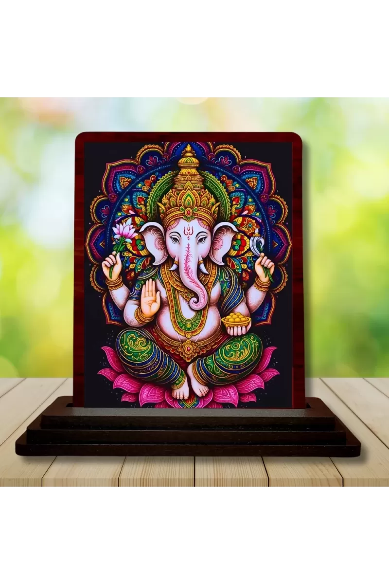 Car Desk/Table Top Lord Ganesha Wooden Photo Stand  3x4 Inches, Compact & Stylish Spiritual Display For Car, Home & Office (Pack Of 1) (F15073)