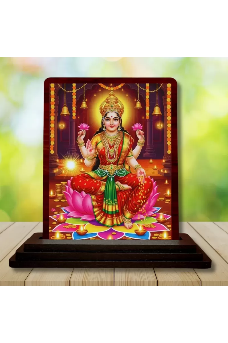 Car Desk/Table Top Maa Laxmi Wooden Photo Stand  3x4 Inches, Compact & Stylish Spiritual Display For Car, Home & Office (Pack Of 1) (F15087)
