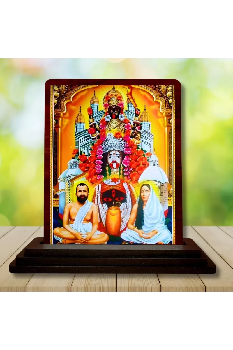 Car Desk/Table Top Kali Maa With Sri Ramakrishna Paramahamsa And Maa Sarada Devi Wooden Photo Stand  3x4 Inches, Compact & Stylish Spiritual Display For Car, Home & Office (Pack Of 1) (F15095)