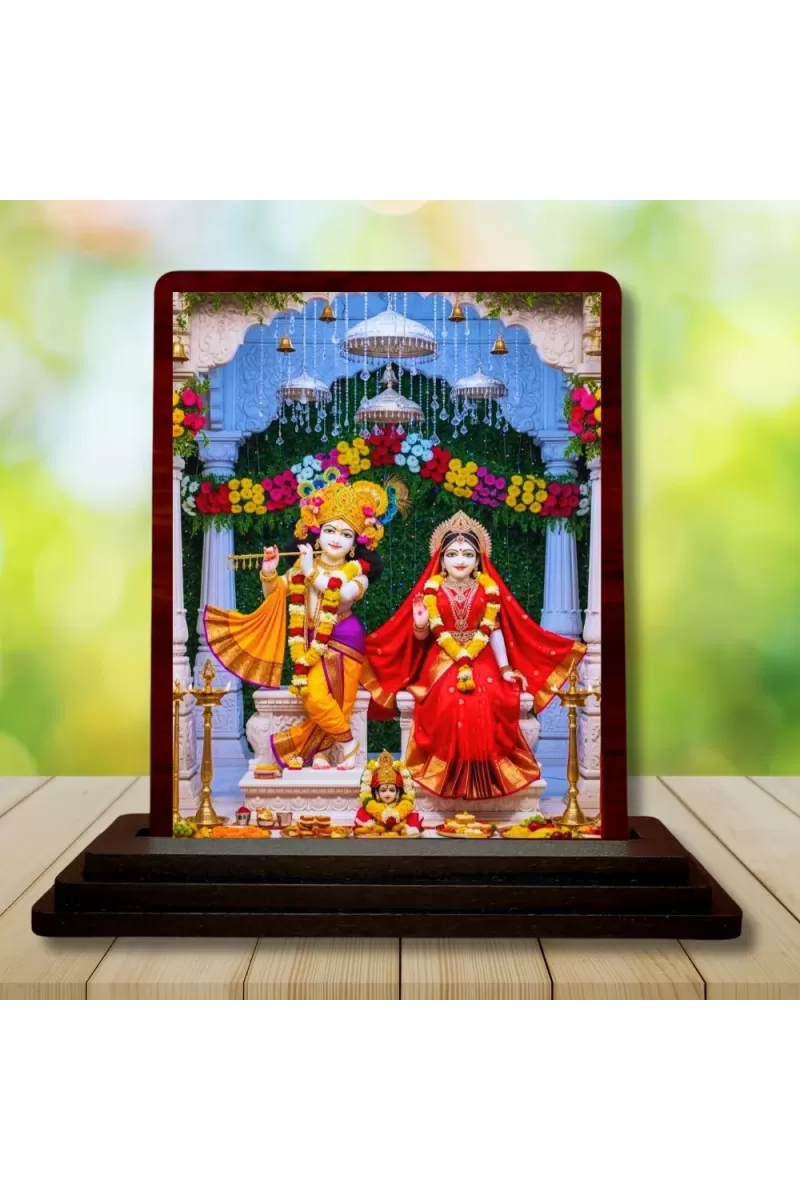 Car Desk/Table Top Lord Radha Krishn Wooden Photo Stand  3x4 Inches, Compact & Stylish Spiritual Display For Car, Home & Office (Pack Of 1) (F15097)