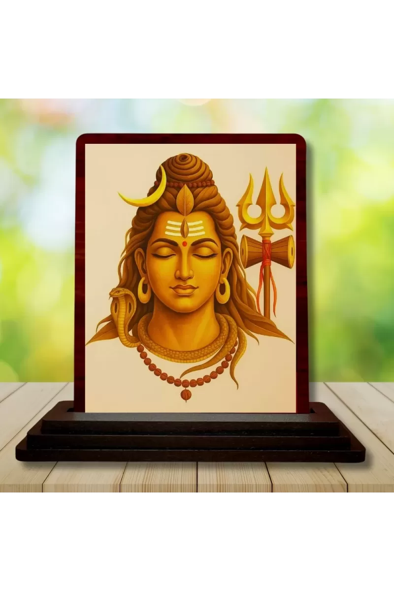 Car Desk/Table Top Lord Shiva Wooden Photo Stand  3x4 Inches, Compact & Stylish Spiritual Display For Car, Home & Office (Pack Of 1) (F15098)