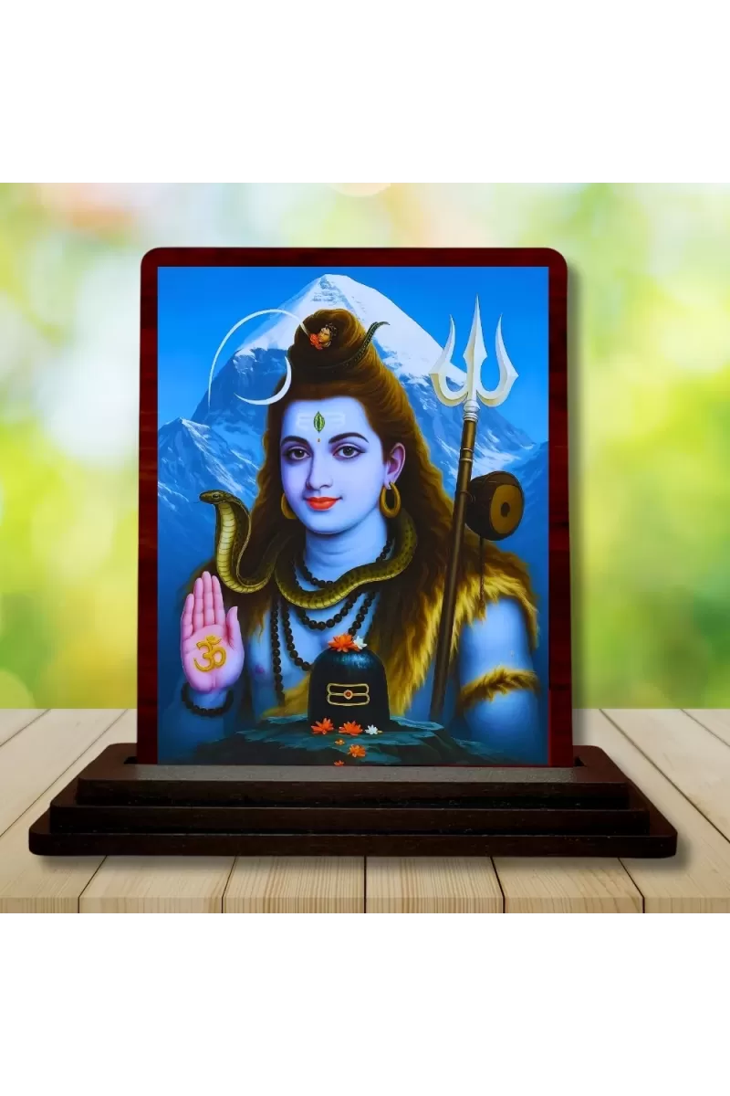 Car Desk/Table Top Lord Shiva Wooden Photo Stand  3x4 Inches, Compact & Stylish Spiritual Display For Car, Home & Office (Pack Of 1) (F15101)
