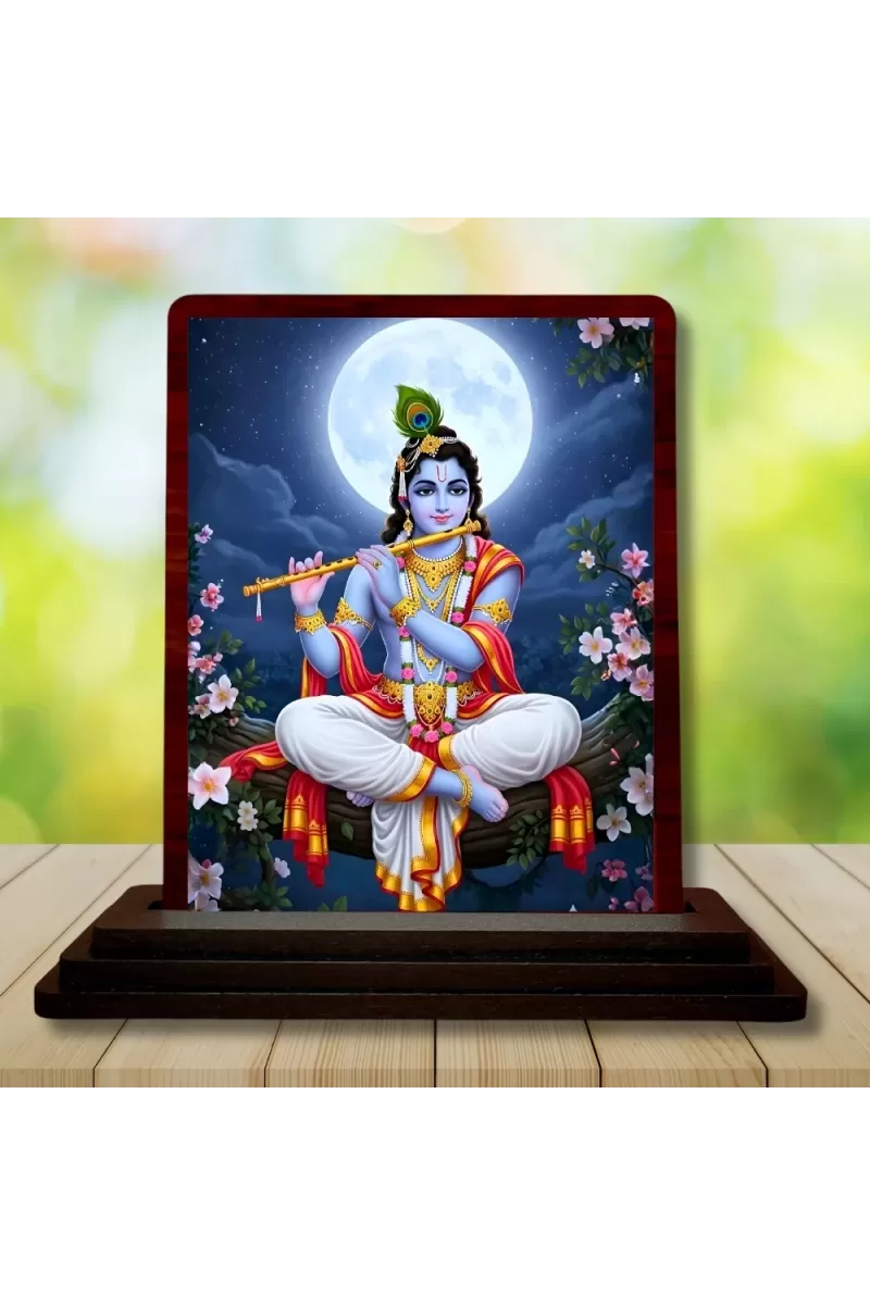 Car Desk/Table Top Lord Krishna Wooden Photo Stand  3x4 Inches, Compact & Stylish Spiritual Display For Car, Home & Office (Pack Of 1) (F15112)