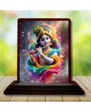 Car Desk/Table Top Lord Krishna Wooden Photo Stand  3x4 Inches, Compact & Stylish Spiritual Display For Car, Home & Office (Pack Of 1) (F15114)
