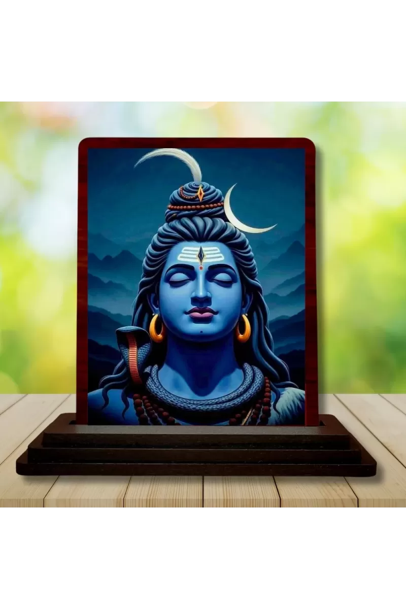 Car Desk/Table Top Lord Shiva Wooden Photo Stand  3x4 Inches, Compact & Stylish Spiritual Display For Car, Home & Office (Pack Of 1) (F15115)