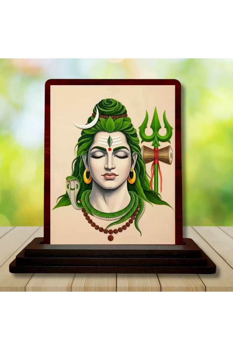 Car Desk/Table Top Lord Shiva Wooden Photo Stand  3x4 Inches, Compact & Stylish Spiritual Display For Car, Home & Office (Pack Of 1) (F15116)