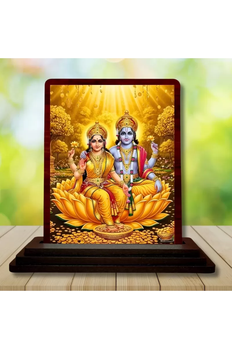 Car Desk/Table Top Lord Vishu Laxmi Wooden Photo Stand  3x4 Inches, Compact & Stylish Spiritual Display For Car, Home & Office (Pack Of 1) (F15117)
