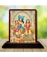 Car Desk/Table Top Lord Radha Krishna Wooden Photo Stand  3x4 Inches, Compact & Stylish Spiritual Display For Car, Home & Office (Pack Of 1) (F15119)