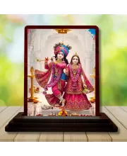 Car Desk/Table Top Lord Radha Krishna Wooden Photo Stand  3x4 Inches, Compact & Stylish Spiritual Display For Car, Home & Office (Pack Of 1) (F15120)