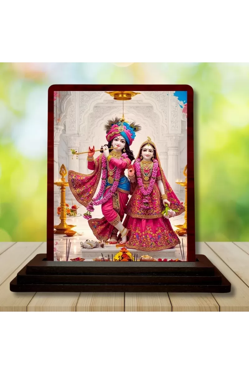Car Desk/Table Top Lord Radha Krishna Wooden Photo Stand  3x4 Inches, Compact & Stylish Spiritual Display For Car, Home & Office (Pack Of 1) (F15120)