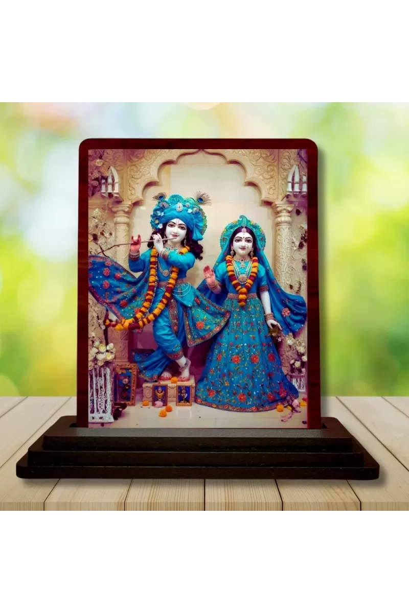 Car Desk/Table Top Lord Radha Krishna Wooden Photo Stand  3x4 Inches, Compact & Stylish Spiritual Display For Car, Home & Office (Pack Of 1) (F15122)