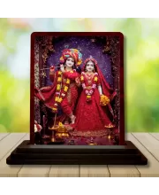 Car Desk/Table Top Lord Radha Krishna Wooden Photo Stand  3x4 Inches, Compact & Stylish Spiritual Display For Car, Home & Office (Pack Of 1) (F15123)