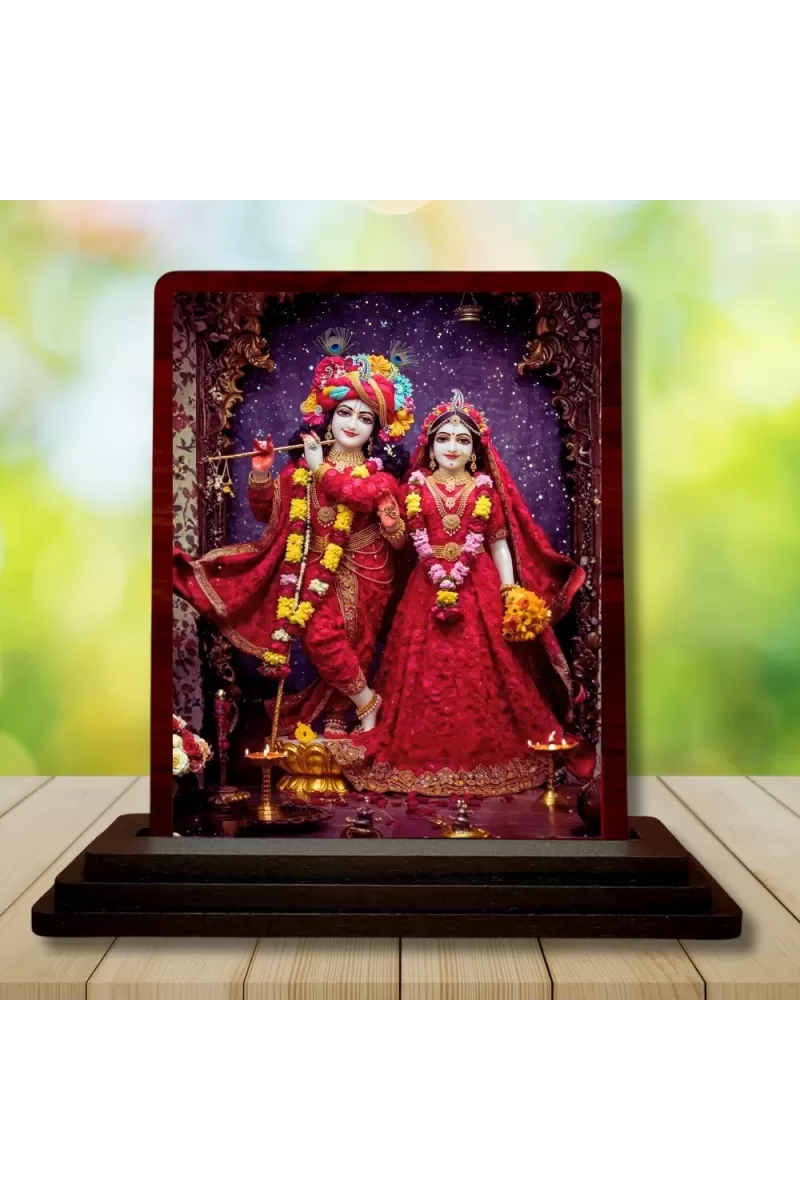 Car Desk/Table Top Lord Radha Krishna Wooden Photo Stand  3x4 Inches, Compact & Stylish Spiritual Display For Car, Home & Office (Pack Of 1) (F15123)
