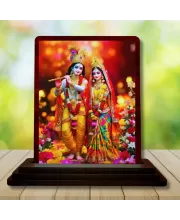 Car Desk/Table Top Lord Radha Krishna Wooden Photo Stand  3x4 Inches, Compact & Stylish Spiritual Display For Car, Home & Office (Pack Of 1) (F15124)