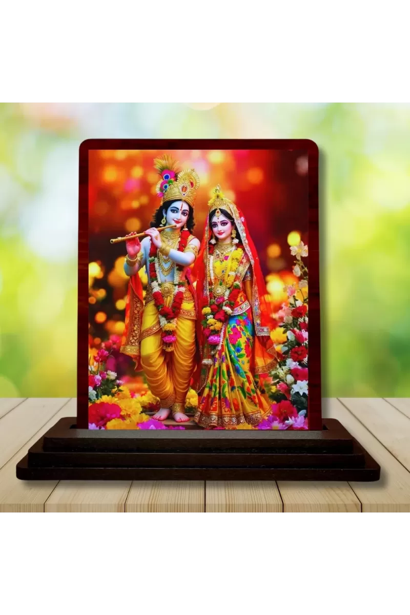 Car Desk/Table Top Lord Radha Krishna Wooden Photo Stand  3x4 Inches, Compact & Stylish Spiritual Display For Car, Home & Office (Pack Of 1) (F15124)