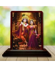 Car Desk/Table Top Lord Radha Krishna Wooden Photo Stand  3x4 Inches, Compact & Stylish Spiritual Display For Car, Home & Office (Pack Of 1) (F15125)