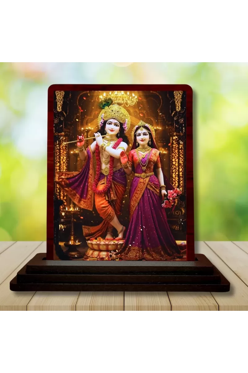 Car Desk/Table Top Lord Radha Krishna Wooden Photo Stand  3x4 Inches, Compact & Stylish Spiritual Display For Car, Home & Office (Pack Of 1) (F15125)