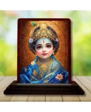 Car Desk/Table Top Lord Bal Krishna Wooden Photo Stand  3x4 Inches, Compact & Stylish Spiritual Display For Car, Home & Office (Pack Of 1) (F15128)